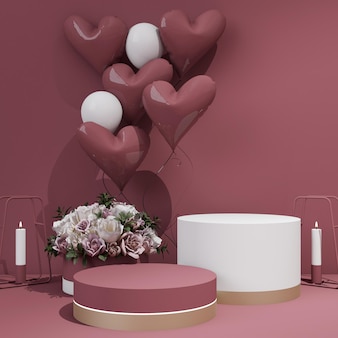 Wyświetlacz na podium z balonami w kształcie serca w renderowaniu 3d
