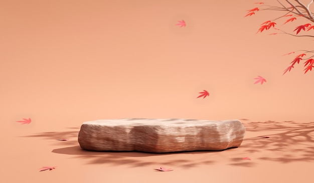 Wyświetlacz produktu platformy z kamienia naturalnego 3d tło lub pusta scena prezentacja natury japonia koncepcja liścia klonu i kosmetyczne podium na cokole na scenie piękna z letnim studiem prezentacji.