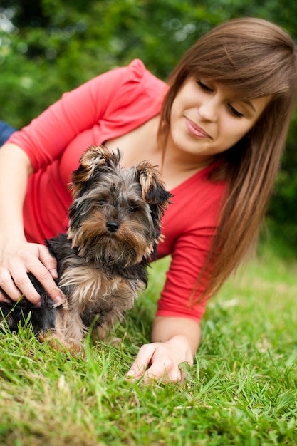 Yorkshire terrier szczeniak z młodą kobietą