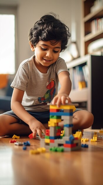 Z bliska chłopiec bawiący się blokami budowlanymi