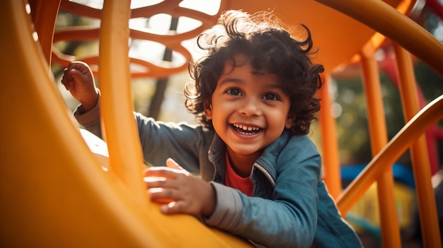 Z bliska chłopiec bawiący się w parku dla dzieci