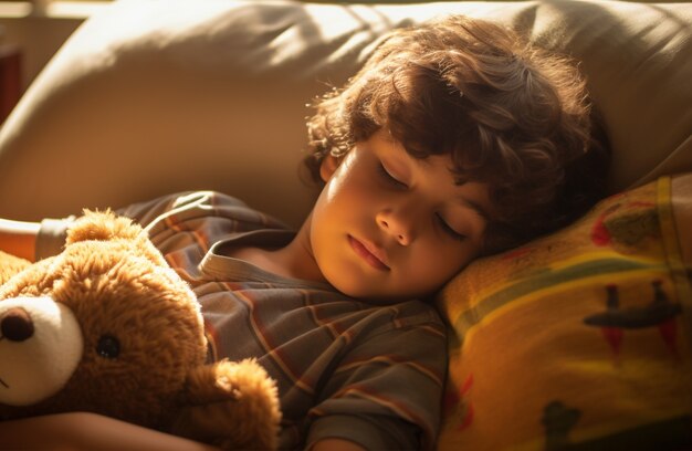Z bliska chłopiec śpiący z pluszowym niedźwiedziem