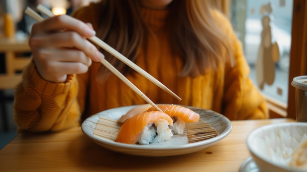 Z bliska na osobę jedzącą sushi