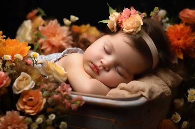 Z bliska nowo narodzone dziecko otoczone kwiatami