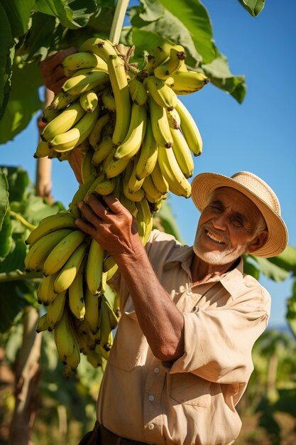 Z bliska rolnik z bananami
