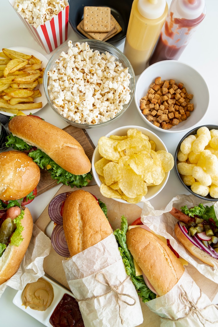 Bezpłatny plik Zdjęcie z góry widok fast food na stole