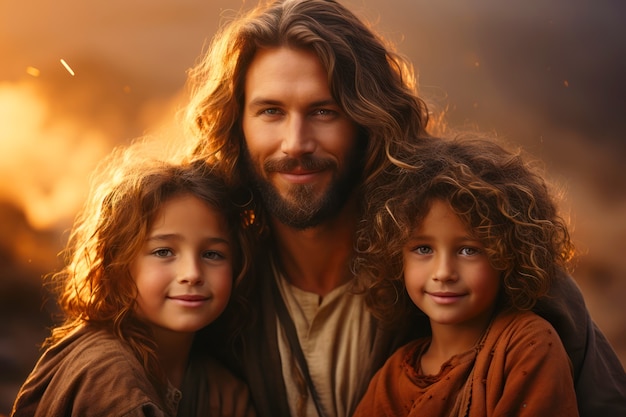 Z przodu Jezus z uśmiechniętymi dziećmi