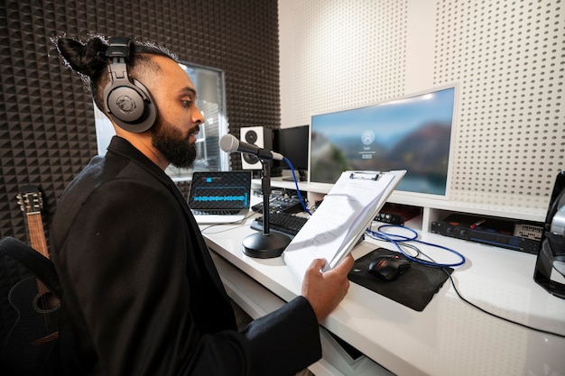 Bezpłatne zdjęcie z ukosa mężczyzna pracujący w stacji radiowej