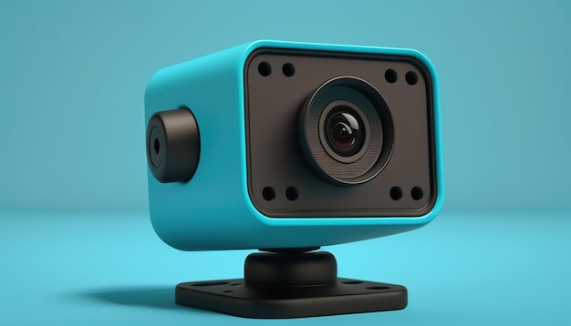 Zabawna kamera internetowa cctv gotowa do nagrywania na kolorowym niebieskim pastelowym tle studyjnym z generatywną przestrzenią do kopiowania