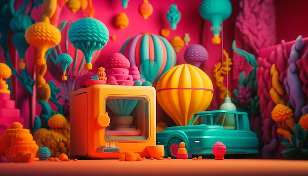 Zabawny i kolorowy projekt samochodu-zabawki wygenerowany przez sztuczną inteligencję