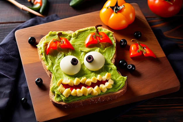 Bezpłatne zdjęcie zabawny tost z awokado monster na halloween na drewnianym stole