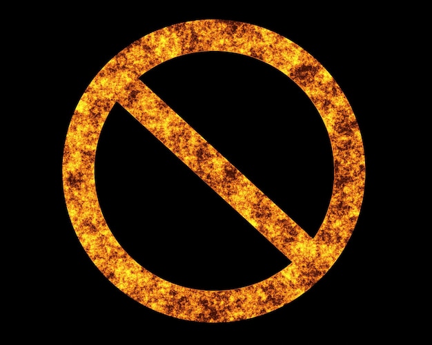 Zabroniony zakazany znak stopu 3d ikona z teksturą płomienia ognia na czarnym tle