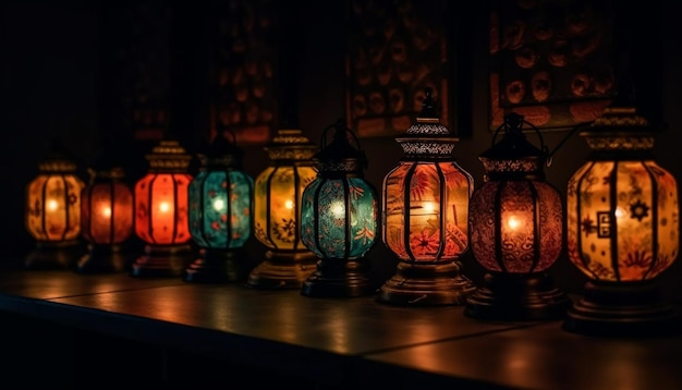 Zabytkowa świecąca latarnia oświetla tradycyjne uroczystości w pomieszczeniach, generowane przez sztuczną inteligencję