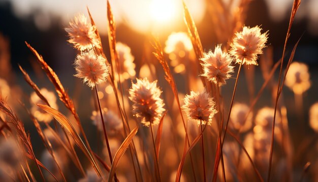 Bezpłatne zdjęcie zachód słońca łąka żółte dzikie kwiaty żywa natura spokojne lato na świeżym powietrzu generowane przez sztuczną inteligencję