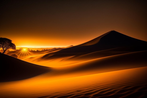 Zachód słońca na pustyni z zachodzącym za nim słońcem