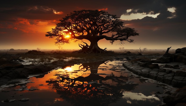 Zachód słońca nad afrykańską sawanną odbijający się w spokojnej wodzie generowanej przez sztuczną inteligencję