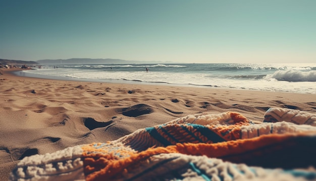 Bezpłatne zdjęcie zachód słońca nad falami wybrzeża rozbijają się o piaszczyste plaże generowane przez sztuczną inteligencję