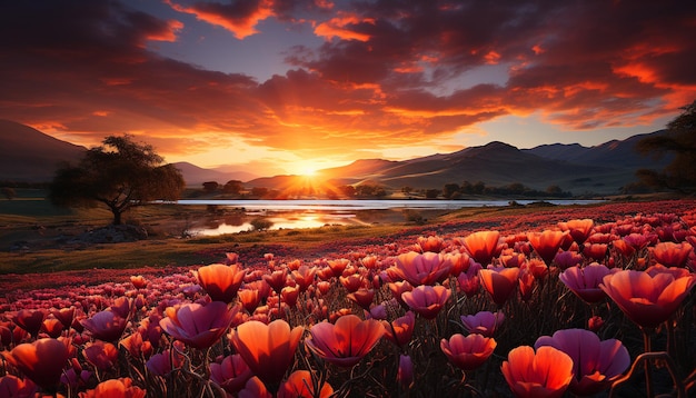 Zachód słońca nad łąką, tętniący życiem krajobraz fioletu i różu generowany przez sztuczną inteligencję