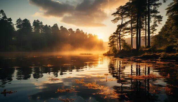 Bezpłatne zdjęcie zachód słońca nad lasem odbija się w spokojnym stawie piękno natury generowane przez sztuczną inteligencję