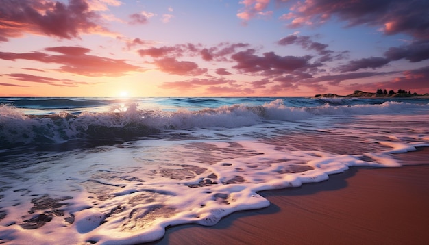 Bezpłatne zdjęcie zachód słońca nad spokojną wodą czeka tropikalny raj wygenerowany przez sztuczną inteligencję