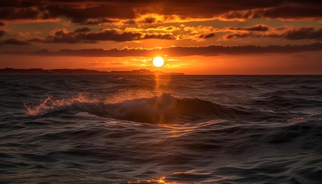 Zachód słońca nad spokojną wodą tworzy idylliczne piękno generowane przez sztuczną inteligencję