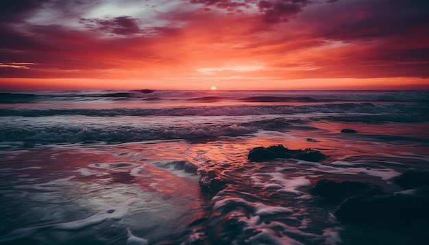 Zachód słońca nad spokojnym pięknem krajobrazu morskiego w naturze generowanego przez sztuczną inteligencję