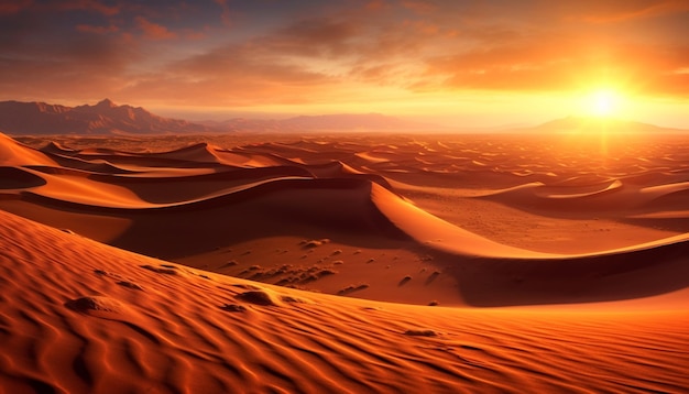 Zachód słońca nad suchym afrykańskim krajobrazem to spokojna scena generowana przez sztuczną inteligencję