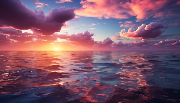 Bezpłatne zdjęcie zachód słońca nad wodą, piękno przyrody odzwierciedlone w spokojnych falach generowanych przez sztuczną inteligencję