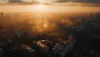 Bezpłatne zdjęcie zachód słońca oświetla nowoczesną panoramę miasta z góry generowaną przez sztuczną inteligencję