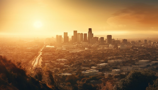Zachód słońca oświetla panoramę miasta panoramiczne tło generowane przez sztuczną inteligencję