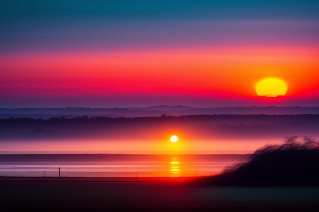 Zachód słońca z mglistym horyzontem i słońcem w tle
