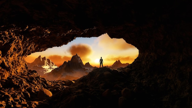 Żądny przygód dorosły mężczyzna stojący w skalnej jaskini Skalisty górski krajobraz w tle