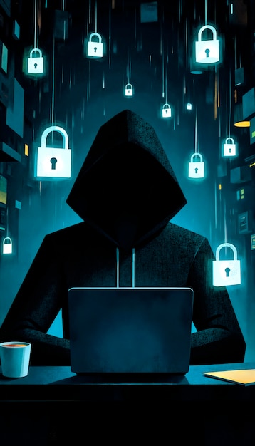Zagrożenie cyberbezpieczeństwem: haker w pracy
