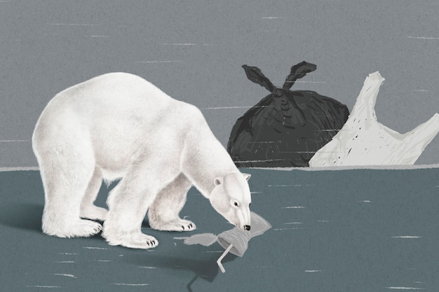 Bezpłatne zdjęcie zagrożony, głodny niedźwiedź polarny jedzący śmieci, aby przetrwać w warunkach globalnego ocieplenia