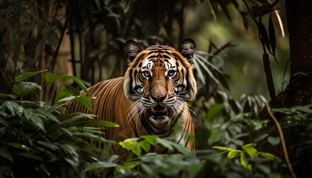 Zagrożony tygrys bengalski stwarzający niebezpieczeństwo w przyrodzie generowanej przez sztuczną inteligencję