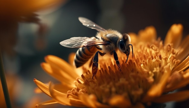 Bezpłatne zdjęcie zajęta pszczoła miodna zbierająca pyłek z pojedynczego kwiatu na łące wygenerowana przez sztuczną inteligencję