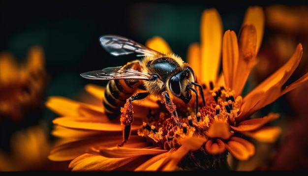 Zajęta pszczoła w naturze zapylająca żółty kwiat generowany przez sztuczną inteligencję