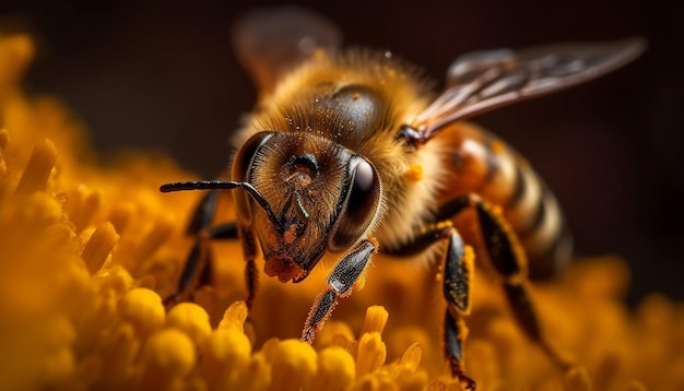 Zajęta pszczoła zapylająca żółty kwiat wiosną generowana przez sztuczną inteligencję