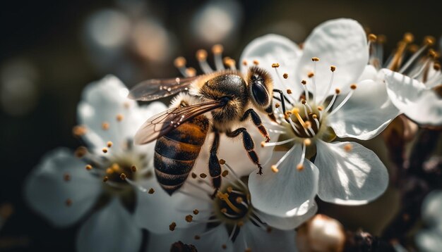 Zajęta pszczoła zbierająca pyłek z pojedynczego kwiatu wygenerowanego przez sztuczną inteligencję