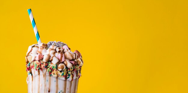 Zakończenie widok wyśmienicie milkshake z żółtym tłem