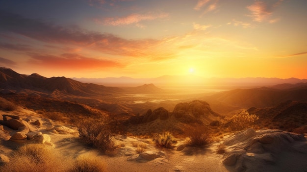 Zapierający dech w piersiach zachód słońca rzucający złote barwy na rozległą pustynną przestrzeń