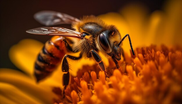 Zapracowana pszczoła miodna zbierająca pyłek z kwiatu generowana przez sztuczną inteligencję
