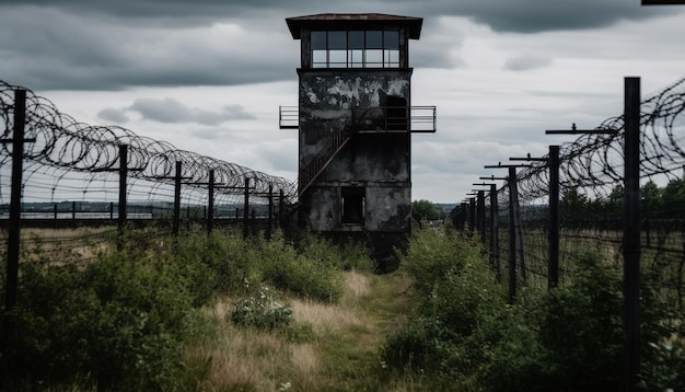 Zardzewiałe ogrodzenie z drutu kolczastego otacza opuszczone więzienie wygenerowane przez sztuczną inteligencję