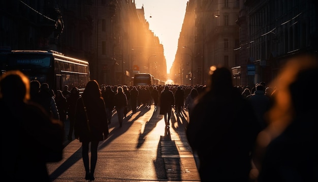 Bezpłatne zdjęcie zatłoczona ulica miasta o zmierzchu podświetlona, wygenerowana przez sztuczną inteligencję