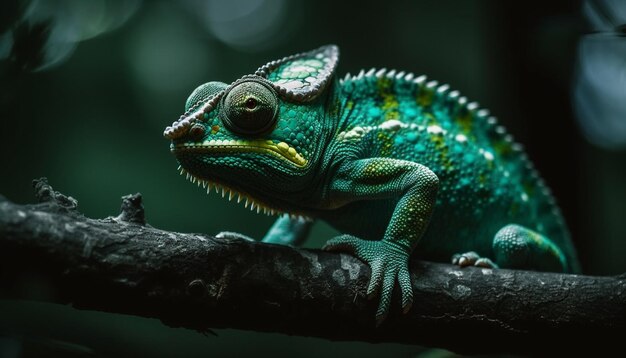 Zawoalowany kameleon siedzący na zielonym liściu na zewnątrz, wygenerowany przez sztuczną inteligencję