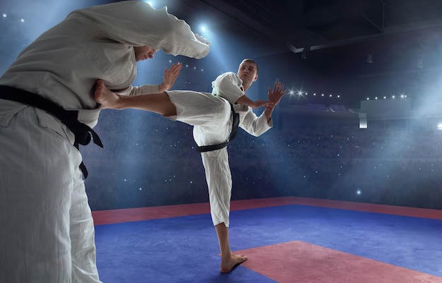Bezpłatne zdjęcie zawodnicy karate na tatami fighting championship
