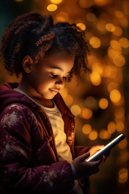 Zbliżenie dziecka używającego inteligentnego urządzenia w nocy