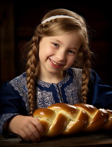Zbliżenie dziecka z talerzem challah na Hanukkah