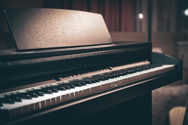 Zbliżenie elektroniczne pianino w ciemnym pokoju