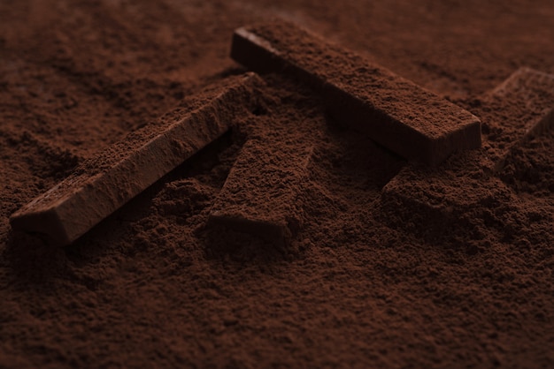 Bezpłatne zdjęcie zbliżenie kawałków pyszne czekolady r. w proszku czekolady
